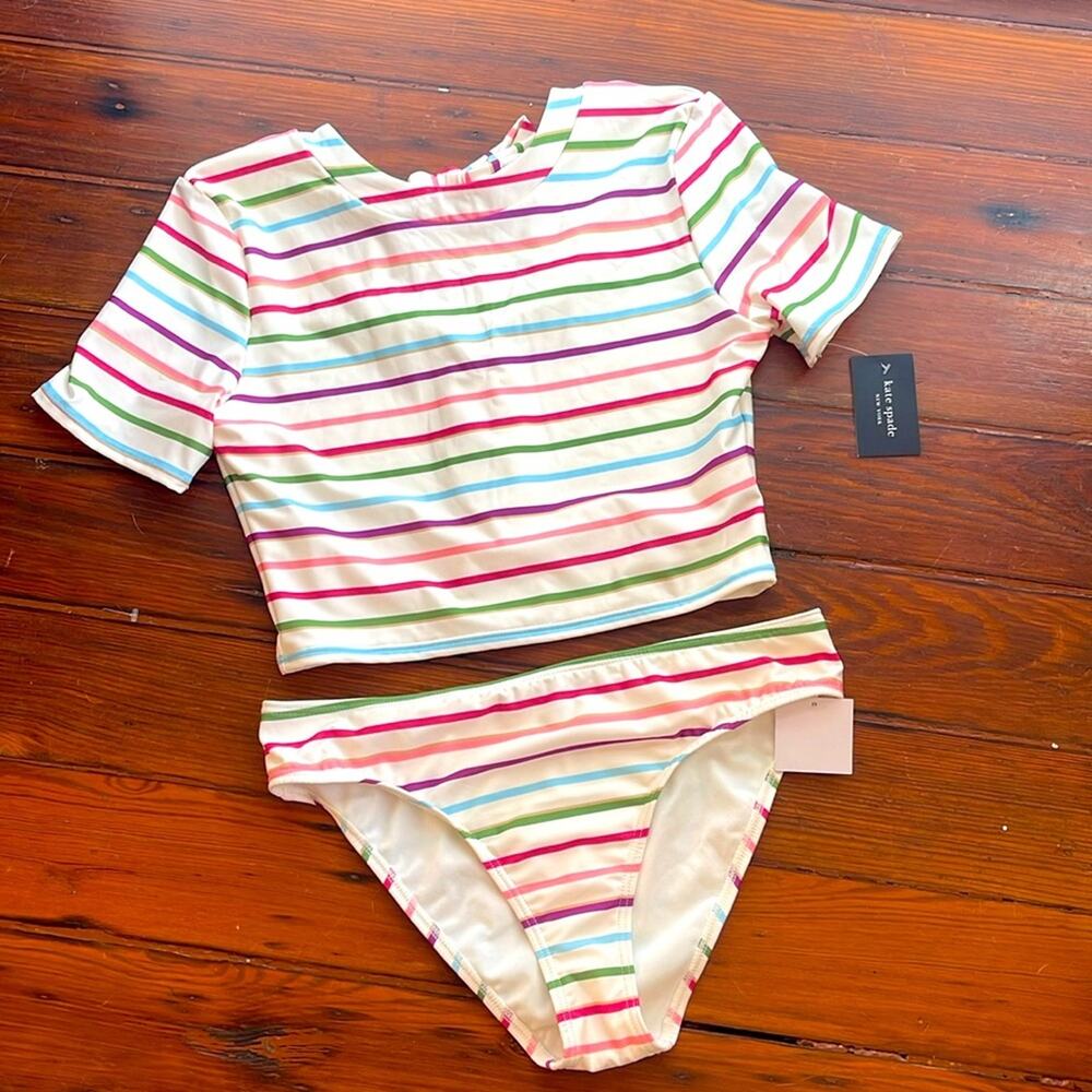 NWT Kate Spade striped short sleeve crewneck modest bikini swimsuit set sz L